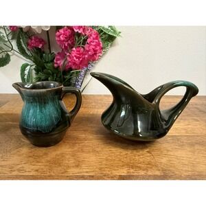Vintage MCM Green Drip Glaze Pottery Pitcher Pair Retro‎ Ceramic Tableware